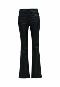 Pantalones de campana de cintura alta en negro, con botón frontal, cremallera y trabillas para cinturón, con bolsillos delanteros y traseros.