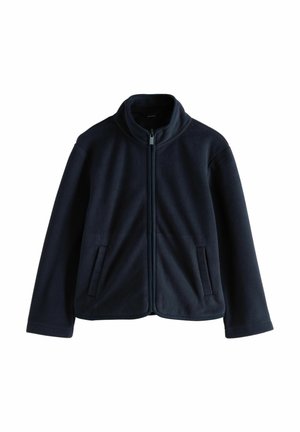Giacca in pile blu navy con collo alto, chiusura frontale a zip e due tasche laterali. Presenta una texture liscia e una vestibilità comoda.