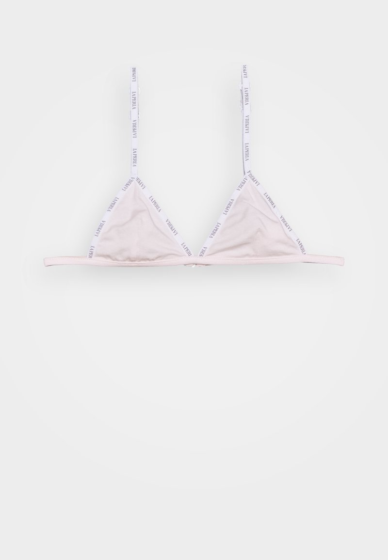Bralette triangular em rosa claro com alças brancas ajustáveis, apresentando o texto repetido "LA PERLA." Tecido suave e design minimalista.