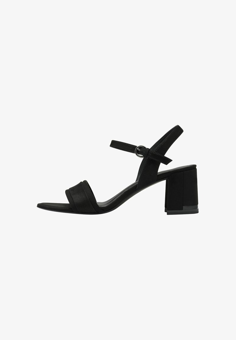 Sandali neri con tacco a blocco, caratterizzati da due cinturini larghi e un cinturino alla caviglia regolabile con fibbia in argento. Texture opaca.