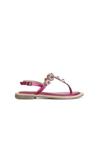 Sandali metallici rosa con un design floreale decorato, suola piatta e cinturino alla caviglia regolabile. Texture liscia con una finitura lucida.