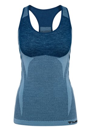 Blauwe atletische tanktop met een racerback ontwerp, voorzien van gestructureerde stofpatronen en contrasterende blauwtinten overal.