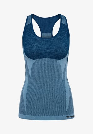 Blauwe atletische tanktop met een racerback ontwerp, voorzien van gestructureerde stofpatronen en contrasterende blauwtinten overal.