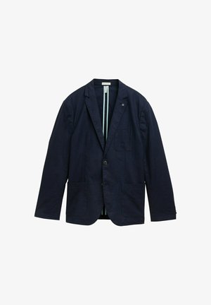 Marinblå blazer i strukturerad tyg, med tvåknappsstängning, två framfickor och randig foder.