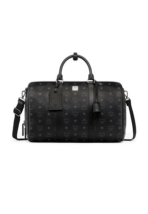 Borsa duffel in pelle nera con doppio manico, tracolla regolabile e motivo sottile e ripetuto del logo MCM.