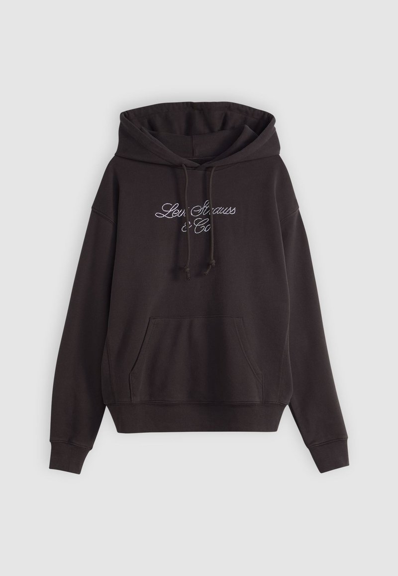 Sweatshirt à capuche noir avec poche avant, arborant le texte brodé blanc "Levi Strauss & Co." sur la poitrine. Tissu doux, coupe décontractée.
