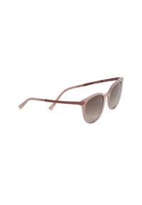 Sonnenbrille mit durchscheinendem pinken Rahmen, grauen Verlaufslinsen und schlanken burgunderfarbenen Bügeln, ausgestattet mit einer gerundeten Cat-Eye-Form und glatter Textur.