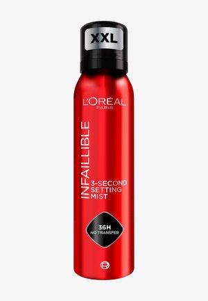 Rode cilindrische spuitbus met een zwarte dop. Etiketten bevatten "L'Oréal Paris," "Infaillible," en "3-Second Setting Mist." Kenmerken zijn "XXL" en "36U Zonder Overdracht."