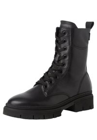 Bottine de combat en cuir noir avec un bout rond, un laçage à l'avant, un col rembourré et une semelle épaisse avec un motif de bande de roulement.