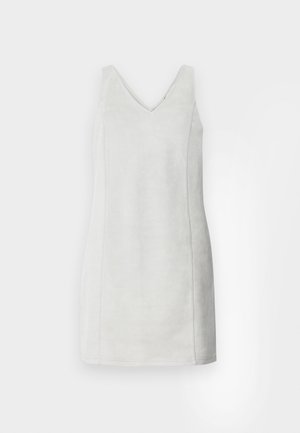 Rochie fără mâneci cu decolteu în V, fabricată dintr-un material moale de culoare gri, cu o textură netedă. Siluetă ajustată, cu cusături care se află pe verticală pe laturi.