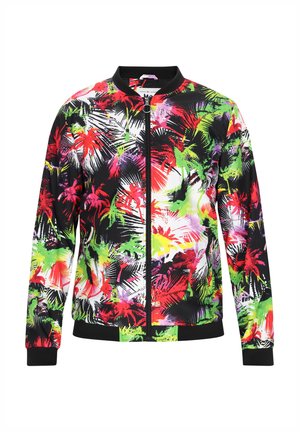 Farverig bomberjakke med en sort baggrund og livlige, tropiske palmemønstre i rød, grøn og lilla. Inkluderer en lynlåslukning.