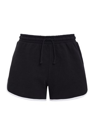 Schwarze Baumwollshorts mit elastischem Bund und Kordelzug; weiße Absetzung am Saum. Glatte Textur, lockere Passform.