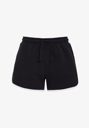 Schwarze Baumwollshorts mit elastischem Bund und Kordelzug; weiße Absetzung am Saum. Glatte Textur, lockere Passform.