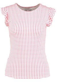 Short-sleeve top featuring a white fabric with a pink square grid pattern. Classic crew neckline with delicate ruffle accents at the shoulders.