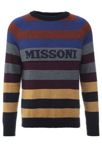Gebreide trui met horizontale strepen in blauw, rood, grijs en geel. Op de voorkant staat "MISSONI" in dikke letters. Klassieke ronde hals.