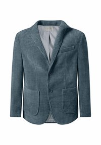 Blauwe corduroy blazer met notch-kraag, twee voorkantenzakken en twee knopen. Gelaagd ribbelstof, gevoerd met een contrasterend binnendesign.