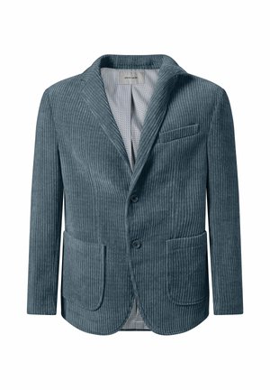 Blauwe corduroy blazer met notch-kraag, twee voorkantenzakken en twee knopen. Gelaagd ribbelstof, gevoerd met een contrasterend binnendesign.