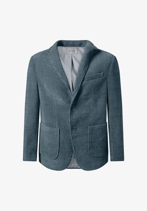 Blauwe corduroy blazer met notch-kraag, twee voorkantenzakken en twee knopen. Gelaagd ribbelstof, gevoerd met een contrasterend binnendesign.