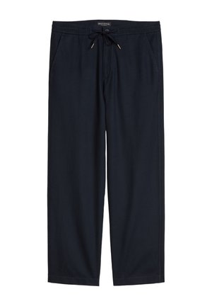 Marineblaue Freizeithose mit elastischem Bund, Kordelzug, seitlichen Taschen, geradem Bein und Marc O’Polo-Label innen im Bund.