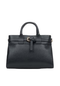 Czarna skórzana torebka o teksturowanym wykończeniu, z dwoma górnymi uchwytami, z elementem złotego zapięcia i strukturalnym kształtem. Posiada odczepiany pasek.