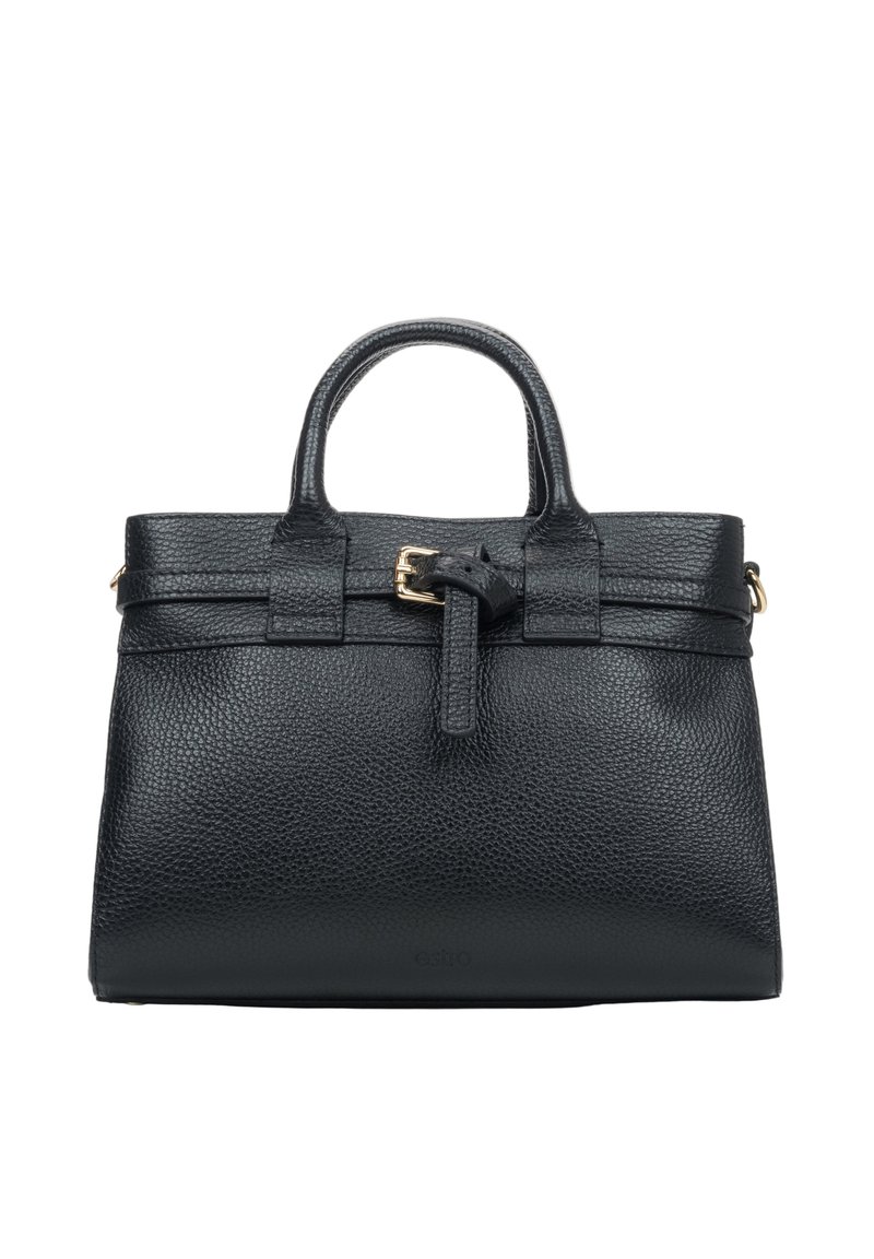 Czarna skórzana torebka o teksturowanym wykończeniu, z dwoma górnymi uchwytami, z elementem złotego zapięcia i strukturalnym kształtem. Posiada odczepiany pasek.