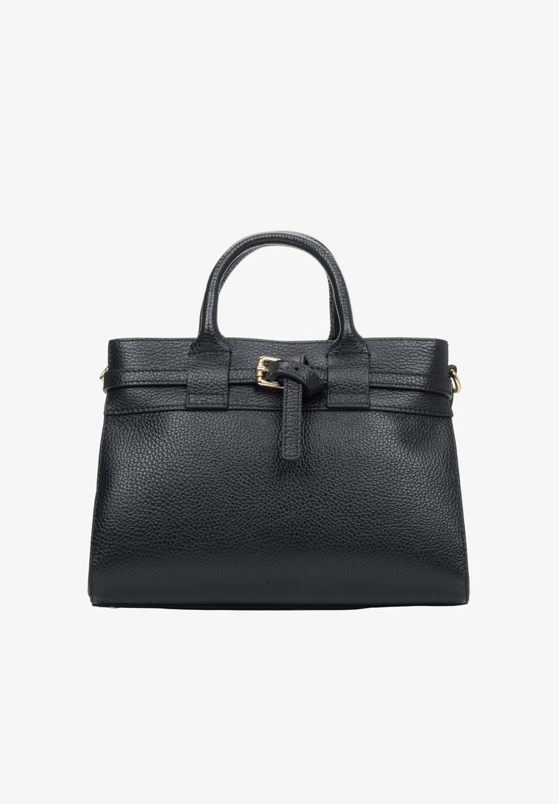 Czarna skórzana torebka o teksturowanym wykończeniu, z dwoma górnymi uchwytami, z elementem złotego zapięcia i strukturalnym kształtem. Posiada odczepiany pasek.
