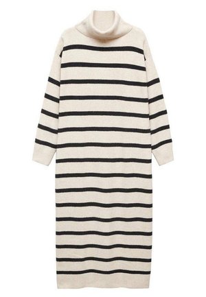 Robe en maille couleur crème à manches longues avec des rayures horizontales noires et un col roulé haut, longueur genou.