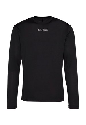 Sort, langærmet bluse med rund halsudskæring og "Calvin Klein"-logoet centreret på brystet, vist mod en hvid baggrund.