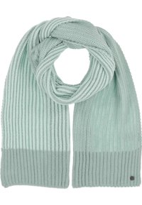 Écharpe tricotée vert clair avec une texture côtelée, présentant des extrémités de couleur vert foncé unies et un petit détail de logo au bord.
