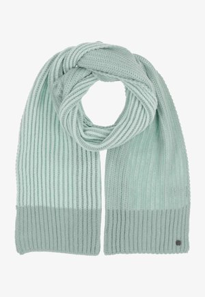 Scarf lavorato a maglia di un verde chiaro con una texture a coste, con estremità di un verde più scuro e un piccolo dettaglio del logo sul bordo.