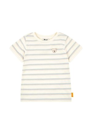 Kinder-T-Shirt mit kurzen Ärmeln in Creme- und Hellblau-Streifen, mit einem kleinen Teddybär-Gesichtspatch auf der linken Brust und einem gelben Markenschild am Saum.