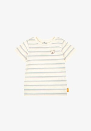 Kinder-T-Shirt mit kurzen Ärmeln in Creme- und Hellblau-Streifen, mit einem kleinen Teddybär-Gesichtspatch auf der linken Brust und einem gelben Markenschild am Saum.