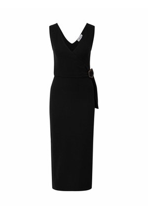 Zwarte mouwloze midi-jurk met V-hals overslagtop en bruine schildpadkleurige gesp aan de zijkant.