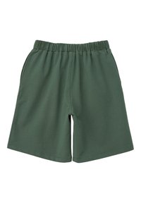 Groene katoen shorts met een elastische tailleband, zijzakken en een gladde textuur. Ze hebben een rechte snit en geen zichtbare patronen.