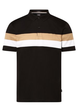 Sort polo skjorte med beige og hvide vandrette striber over brystet og korte ærmer, med to-knaps lukning og krave.