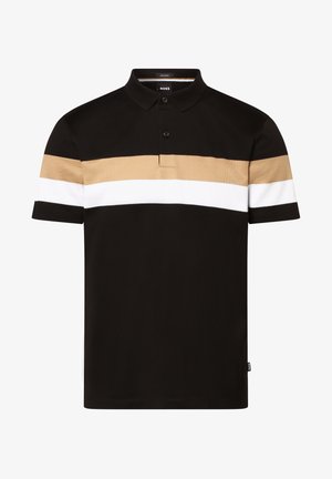 Polo negro con rayas horizontales beige y blancas en el pecho y mangas cortas, con una tapeta de dos botones y cuello.