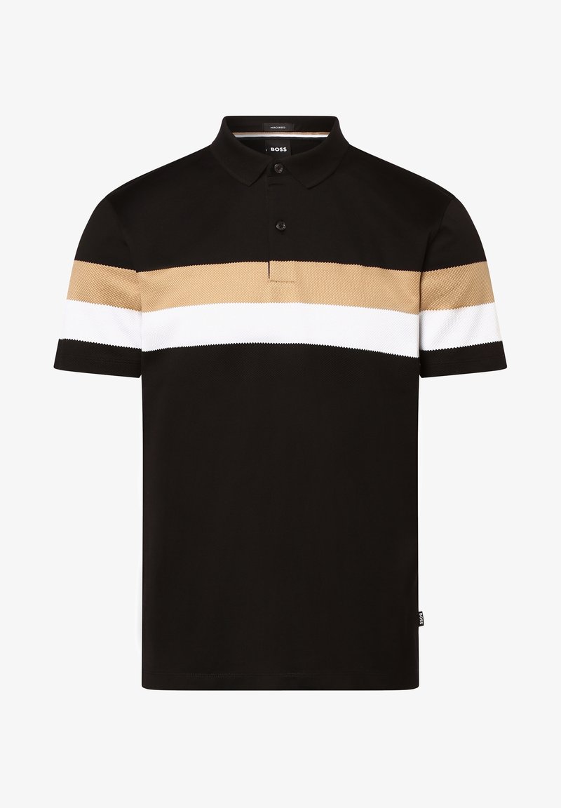 Polo noir avec des rayures horizontales beige et blanches sur la poitrine et manches courtes, avec une patte à deux boutons et un col.