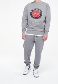 Felpa grigia con una grafica rotonda che presenta ali e testo, abbinata a pantaloni jogger grigi coordinati e sneakers bianche. Materiale in morbido cotone misto.