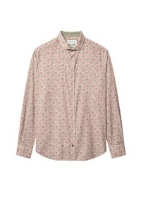 Camicia a maniche lunghe con bottoni di colore rosa chiaro, decorata con un motivo floreale in bianco e rosa scuro; presenta un colletto a risvolto e una vestibilità rilassata.