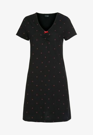 Black nightdress with a V-neck, short sleeves, and gathered front detail. Features small red hearts and a red bow accent at the neckline.