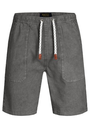 Graue knielange Shorts mit elastischem Bund, weißem Kordelzug mit Lederenden und aufgesetzten Taschen vorne.