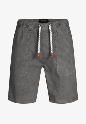 Szare szorty do kolan z elastycznym pasem, białym sznurkiem ze skórzanymi końcówkami oraz przednimi kieszeniami naszywanymi.