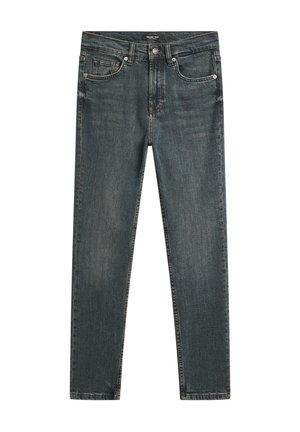 Donkere gewassen slim-fit spijkerbroek met vijf zakken, knoopsluiting en zichtbare stikseldetails.