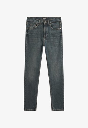 Donkere gewassen slim-fit spijkerbroek met vijf zakken, knoopsluiting en zichtbare stikseldetails.