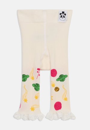 Baby-Leggings in Cremefarbe mit gerafften Bündchen, verziert mit bunten Planeten, Sternen, Kometen und einem Panda-Gesichts-Label am Bund.