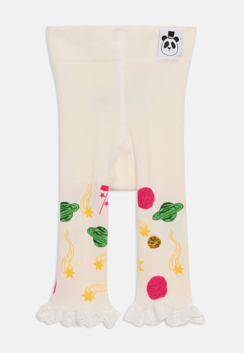 Leggings para bebés color crema con puños con volantes, decorados con planetas coloridos, estrellas, cometas y una etiqueta con la cara de un panda en la cintura.