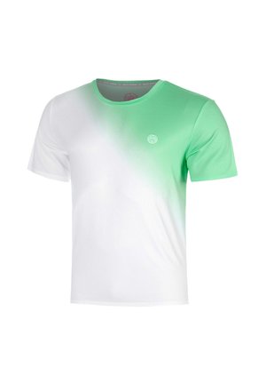 T-Shirt mit kurzen Ärmeln und Rundhalsausschnitt mit einem Farbverlauf von Weiß zu Grün und einem kleinen runden Logo auf der linken Brust.