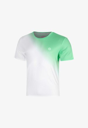 T-Shirt mit kurzen Ärmeln und Rundhalsausschnitt mit einem Farbverlauf von Weiß zu Grün und einem kleinen runden Logo auf der linken Brust.