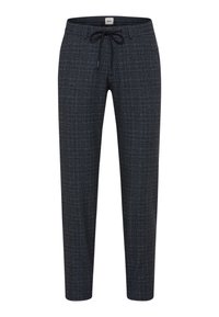Broek in donkergrijs met een fijn ruitpatroon, gemaakt van een zacht materiaal, met een elastische tailleband en een trekkoordsluiting.