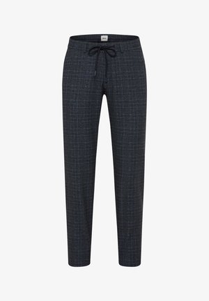 Dunkelgraue Hose mit feinem Karomuster, aus einem weichen Material, mit elastischem Bund und einem Kordelzugverschluss.